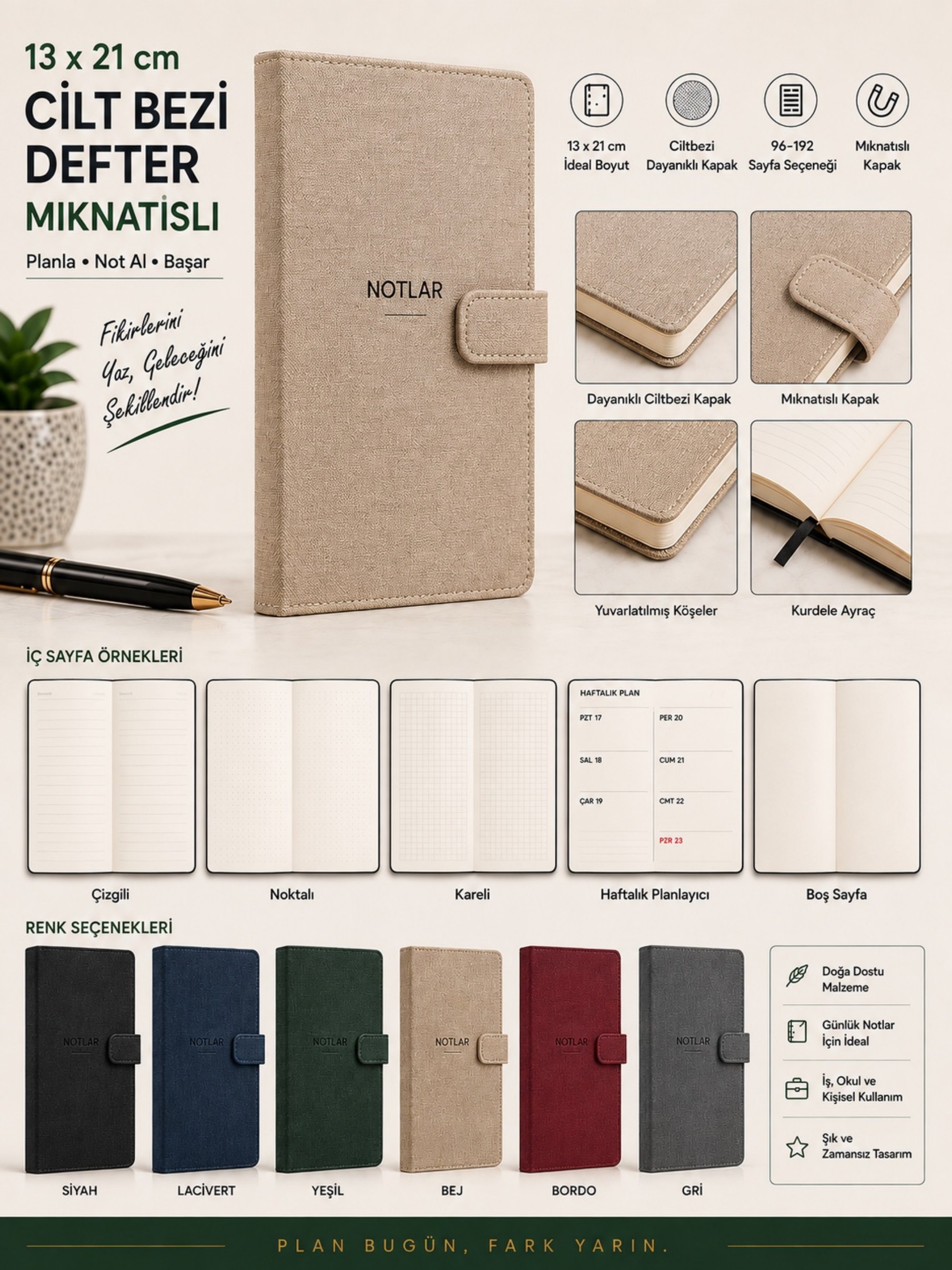 13 × 21 Cilt Bezi Defter Mıknatıslı ürün föyü